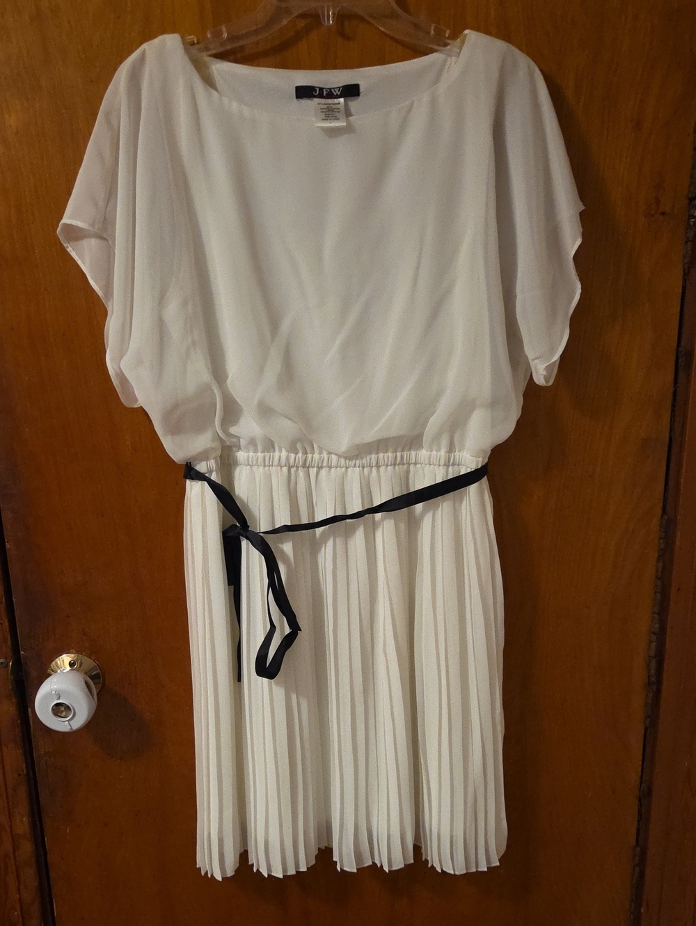 White Pleated Mini Dress with Black Waist Tie